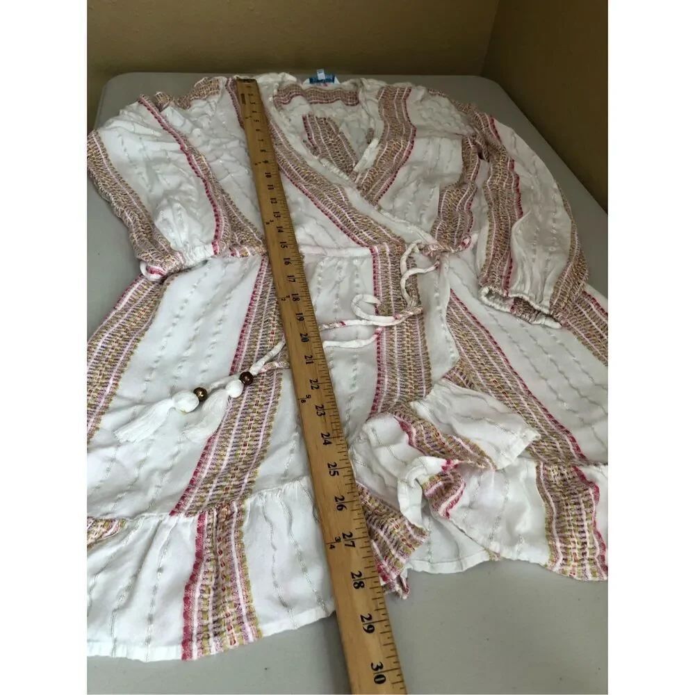 Blue Island Boho Wrap Dress XS Cream Striped Ruffle Hem Rayon - Picture 11 of 13